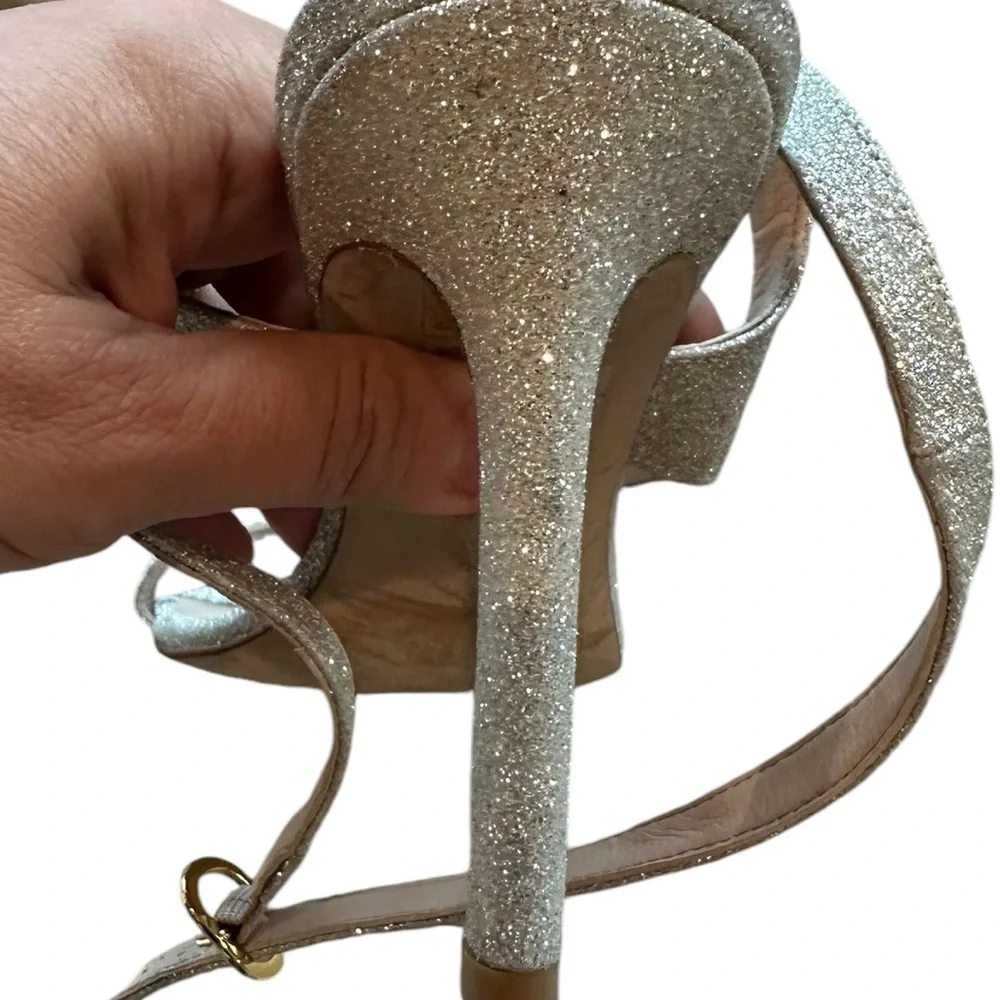 Stuart Weitzman ALIGN 95 Silver Sparkle Strappy Heels | Minimalist Nudist Style - Picture 10 of 11